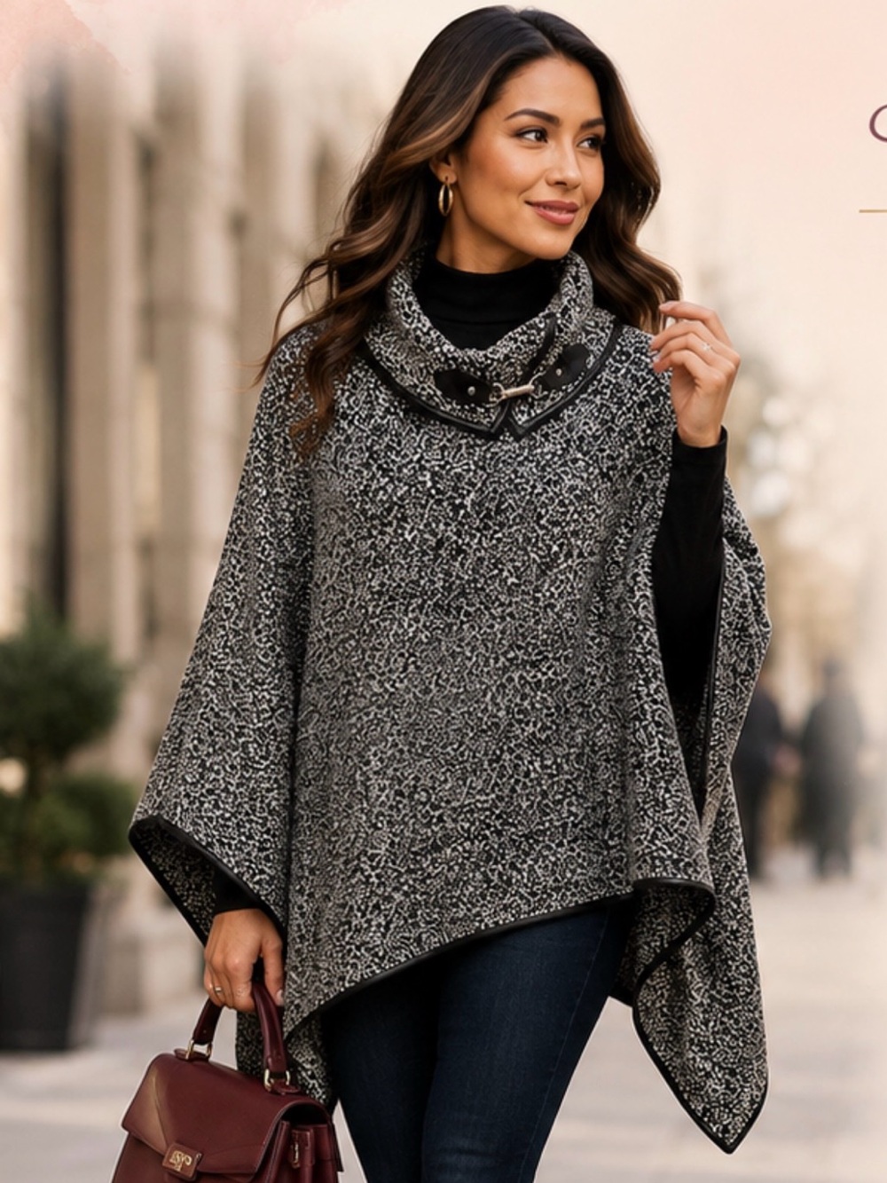 Black Ivory Grey Gray Bouclé Poncho Cape Sweater Jacket Coat Leather Trim OS